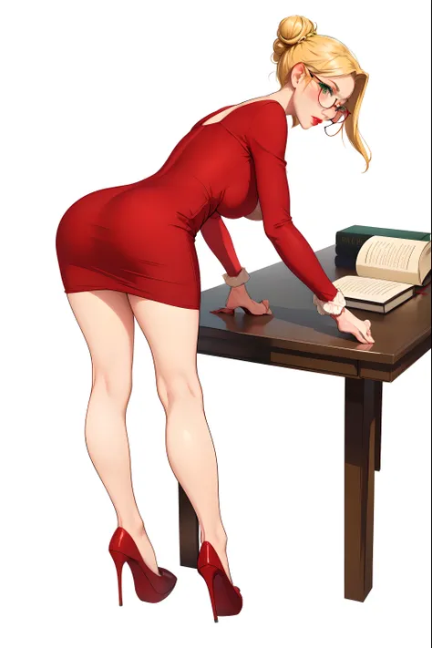 1girl, solo, breasts, looking at viewer, blonde hair, simple background, white background, dress, green eyes, full body, ass, glasses, looking back, hair bun, from behind, high heels, book, makeup, leaning forward, red dress, table, single hair bun, bent o...