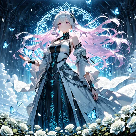 A celestial garden bathed in ethereal moonlight, filled with glowing white roses and soft lavender petals drifting through the air, misty clouds weaving around the ground, ancient gothic archways adorned with delicate carvings of butterflies and floral pat...