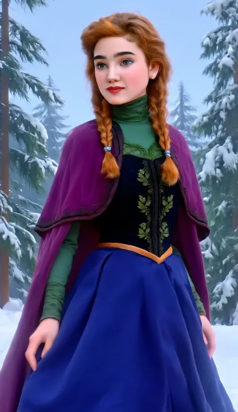 "Full-body portrait of Jennifer Connelly as Anna from Disney's Frozen, wearing a realistic version of Anna’s winter outfit — embroidered deep blue skirt, black bodice with green floral detailing, magenta cape with silver clasp, and auburn hair styled in tw...