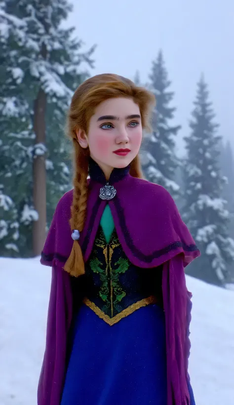 "Full-body portrait of Jennifer Connelly as Anna from Disney's Frozen, wearing a realistic version of Anna’s winter outfit — embroidered deep blue skirt, black bodice with green floral detailing, magenta cape with silver clasp, and auburn hair styled in tw...