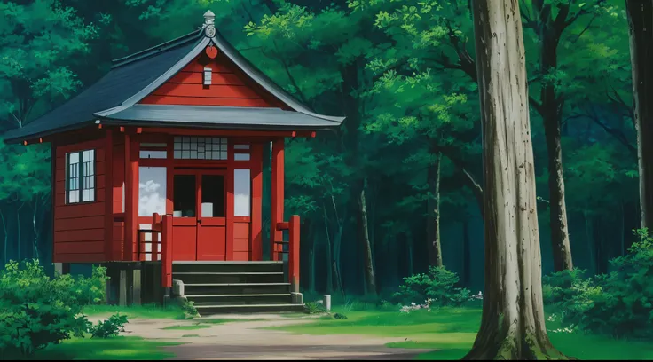 (Drawn in 80’s anime art style.
Retro anime. Vintage Anime. Classical Anime.
Location: Higurashi Shrine
Traditional Japanese Shinto shrine on a quiet hill in modern Tokyo, surrounded by tall cedar trees. Stone steps lead up to wooden buildings with cur...