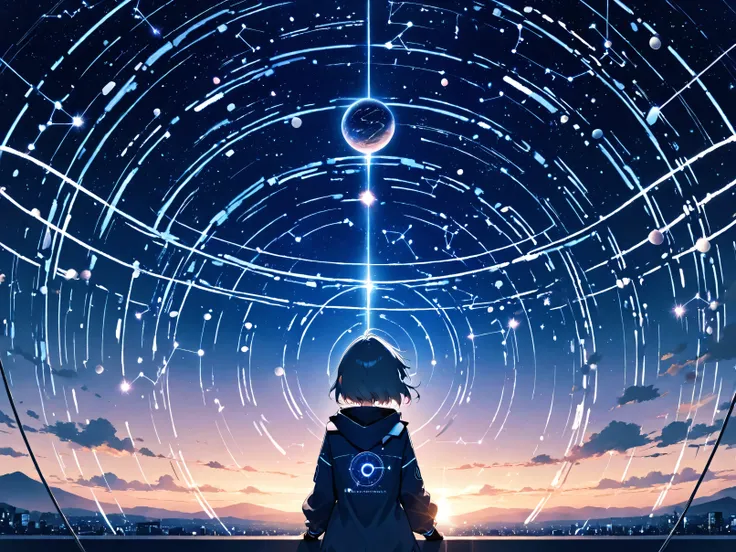 ((pastel))、 1 woman,Under the night sky,Like a planetarium,constellation, planetarium,Connect , seen from afar, moving scene