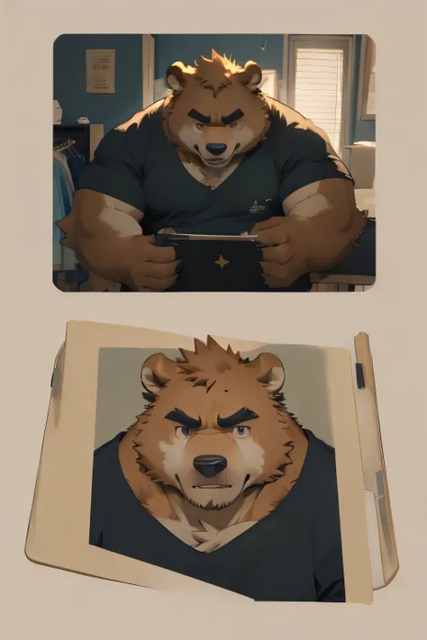 male,20 years old, ((Round Face, Full face , dark eyes , )), ((Endocrine , handsome,)), (), ((domestic ,Brown Bear,Brown Bear) furry fur, furry),The character is in the dressing room , (high quality, high resolution, masterpiece), , (), full body ph...