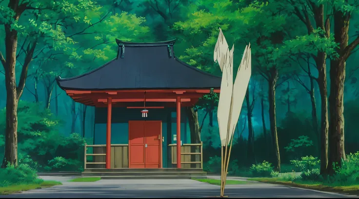 (Drawn in 80’s anime art style. 
Retro anime. Vintage Anime. Classical Anime. 

Location: Higurashi Shrine

Traditional Japanese Shinto shrine on a quiet hill in modern Tokyo, surrounded by tall cedar trees. Stone steps lead up to wooden buildings with cur...