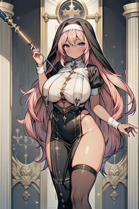 ((Highest Quality)), ((masterpiece)),  (huge sagging breasts:1.38),thick legs,Patterned clothing.nun,pink hair from 2nd floor.(dark skin:1.25). magic wand on the hill. cowboy shot. Square,