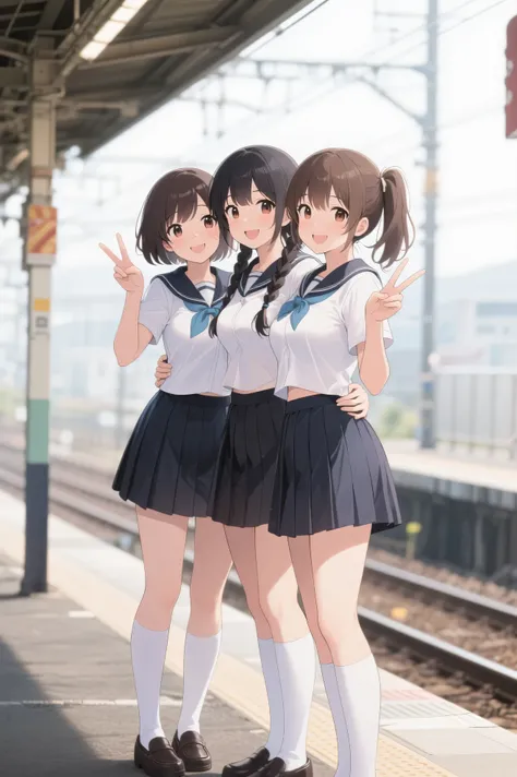 Highest Quality、anime style、masterpiece、Portrait Photography、Soft background blur 、detailed eyes、age beauty、huge breasts、braided bob cut、Ponytail、jk uniform、pleated skirt、White Stockings、Playfully hugging each other 、smile、Three girls waiting for a train o...