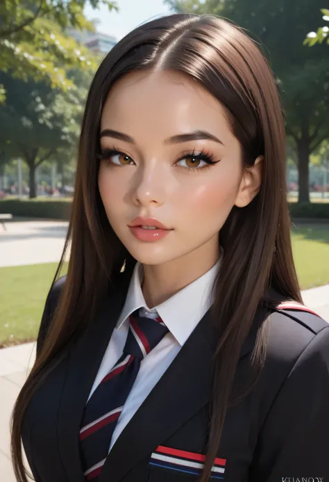 (school uniform, Black uniform), (perfect face, perfect body), dark brown hair, very long bangs hair, black thin eyebrows, dark brown eyes, (black eyelashes, black eyeliners, purple eyeshadows), nose, normal lips, light red lips, parted lips, (big breasts,...