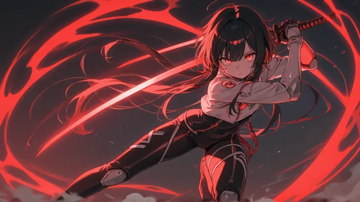 Epic scene of female character, beautiful girl with short black hair with long locks and a fringe, wearing a white techwear-style outfit, Wielding a neon red futuristic katana, em pose de combate, olhos fechados, expressionless face, completamente calma, r...