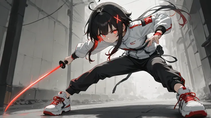 Epic scene of female character, beautiful girl with short black hair with long locks and a fringe, olhos fechados, Wearing a white techwear style outfit (jaqueta, top, pants and sneakers), Wielding a neon red futuristic katana, em pose de combate, de olho ...