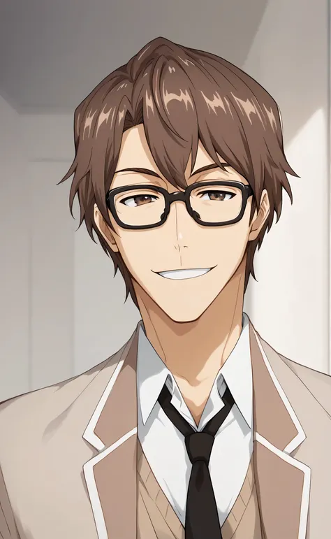 1male,solo,Sōsuke Aizen,aizen hair,brown hair,brown eyes,glasses,black glasses,beige blazer,white shirt,black necktie,smile,