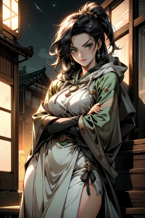 (( ultra-detailed hood is worn, masterpiece, absurd)) woman, crossed arms, detailed eyes, kind face, full-length, black hair , high ponytail , green eyes, fantasy Japanese-style clothing, talismans, hood, gold jewelry, night town