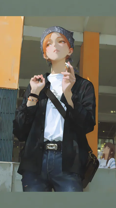 A young individual stands confidently, gazing ahead with relaxed posture. Their casual attire includes a simple white T-shirt layered beneath a black buttoned shirt, complemented by a pair of distressed denim jeans showcasing a ripped design near the knee....