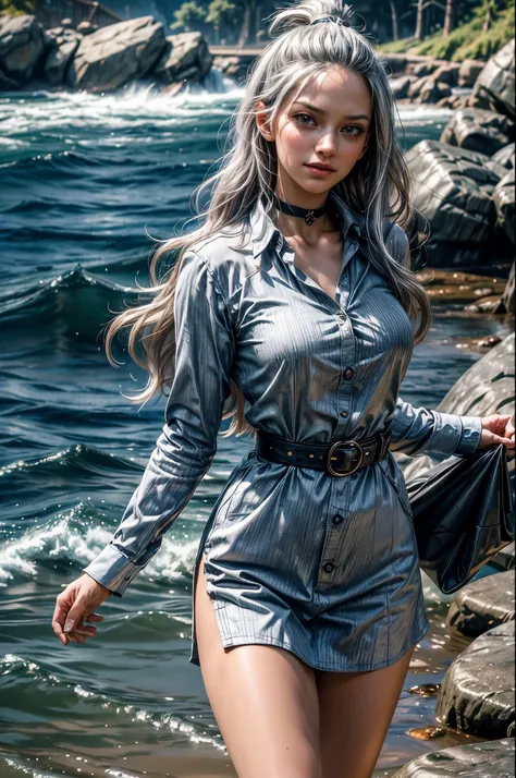 masterpiece, best quality, highres, mirajane, fairy tail, aamira, long hair, bangs pinned back, topknot, forehead, choker,  Long linen Shirt, thigh-length shirt, belt, Long Sleeves, button Up front, top 3 buttons undone, smile, walking on beach, waterfall,...
