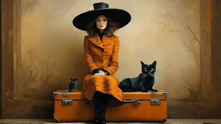 painting of a woman with a hat and suitcases next to a cat, por Itshak Holtz, arte caprichoso, trending artistic art, por Shog Janit , arte maravilhosa, intricate oil-painting artwork, beautiful retro art , arte inspiradora, arte bonita, Traveller, Travell...