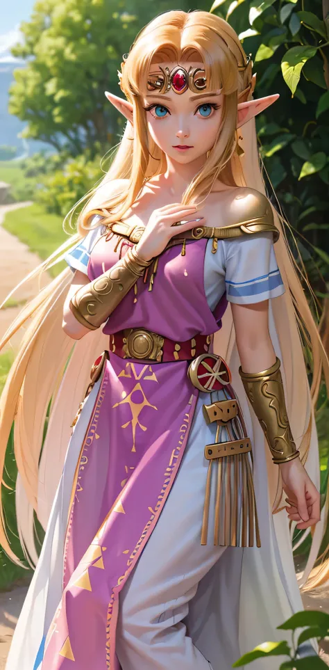(cowboy shot), (princess zelda from the legend of zelda), watercolor, blurry background, best quality, 4k, 8k, highres, masterpiece, ultra-detailed, extremely detailed eyes and face, beautiful detailed eyes, beautiful detailed lips, longeyelashes, princess...