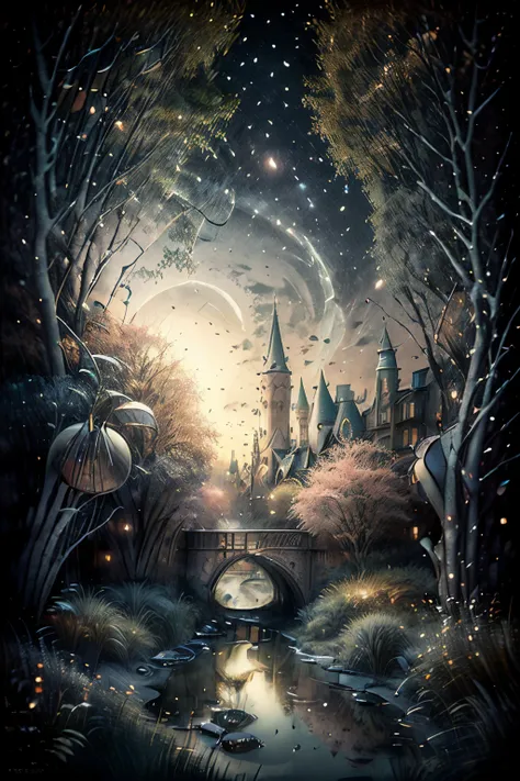 An enchanting summer night in a city. A view across railtrack to large park behind white park fence. Many lights, garlands, music, people. Far glitering lake in moonlight.A square somewhere in the maze of streets. Cars flutter by like fireflies
