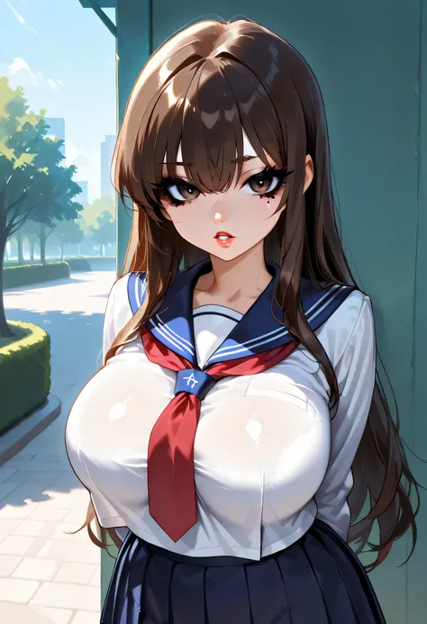 (elibelle japanese school girls uniform sailor navy blue pleated skirt anime), (perfect face, perfect body), dark brown hair, very long bangs hair, black thin eyebrows, dark brown eyes, (black eyelashes, black eyeliners, purple eyeshadows), nose, normal li...