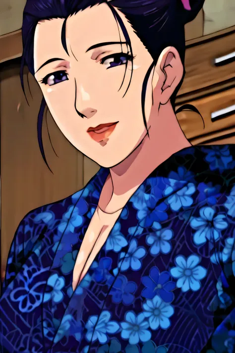 Simple Background,dark blue kimono,big breast,curve body,colourful image,beautiful smile,big
nightblue kimono,floral print,japanese clothes,wide sleeves,long sleeves,
cleavage,
purple eyes, black hair,bangs,hair bun,
1 girl,Young female,Beautiful long le...