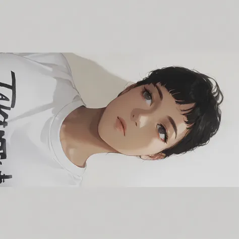 
A person is wearing a white T-shirt with black printed text across the chest. The fabric of the T-shirt appears soft and slightly crumpled, suggesting a casual setting. The black text on the shirt is bold, offering a clear contrast against the white backg...
