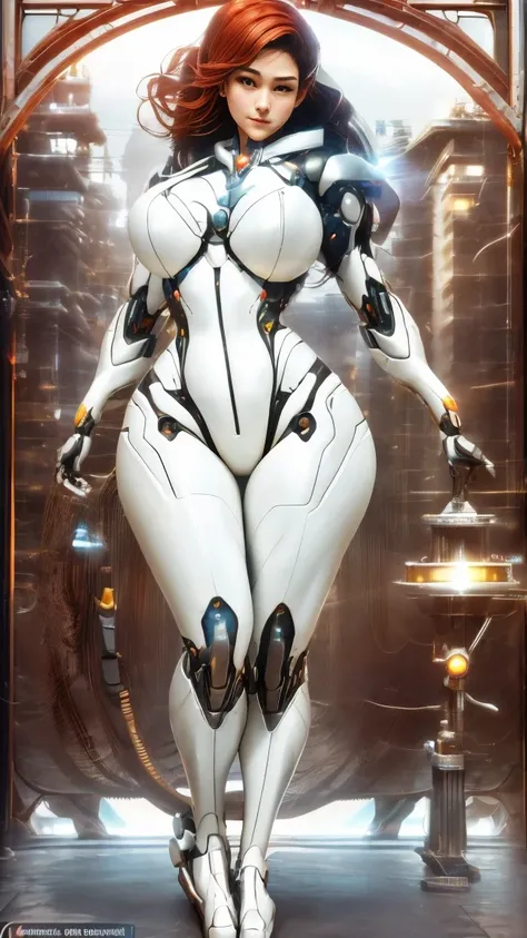 A giant female robot that looks like it came out of a Japanese anime、Perfect style, beautiful female figure、Big Breasts、body:(Seamless, smooth curved surface:1.4)、Highly polished surface、 Metallic luster、Red only、(No machinery or parts visible:1.4)。City at...