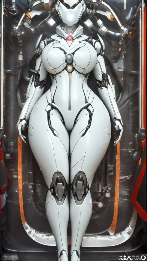 A giant female robot that looks like it came out of a Japanese anime、Perfect style, beautiful female figure、Big Breasts、body:(Seamless, smooth curved surface:1.4)、Highly polished surface、 Metallic luster、Red only、(No machinery or parts visible:1.4)。City at...