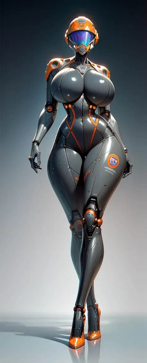 beautiful woman in a bio mechanical suit, huge breasts, narrow waist, advanced tech helmet, large thighs, half helmet , full body suit, high heels , dark blue and black suit,