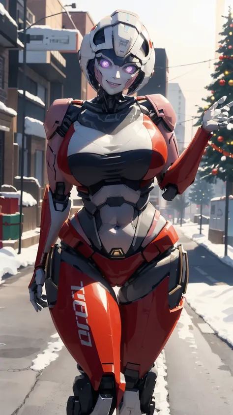 ROTB_Arcee, 1girl, big breasts, smile, robot, mecha, (glowing eyes:1.2), Christmas tree, Christmas gifts, outdoors, wide hips, navel, thick thighs, snow falling on street,