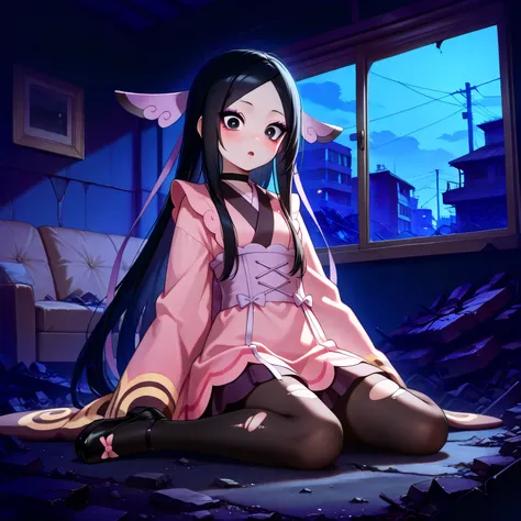 masterpiece, best quality, amazing quality, s1ums, indoors, buildings, small room, power lines, urban, rubble, on ground, busted windows, torn couch, broken furniture, night, night time, 1girl, solo, zzValerie, long hair, black hair, black eyes, parted ban...