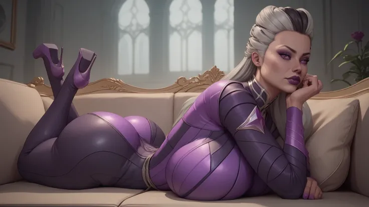 Sindel, sindel Bodysuit, sindel from mk 11, smooth skin, huge breast, lying down, 1girl, human, long hair, green hair, busty, young Bimbo Body, curvy hips, Big , Big ass, MILF, huge breast, bimbo body, curvy body, clothes, huge breast, Bimbo Body. score_9,...