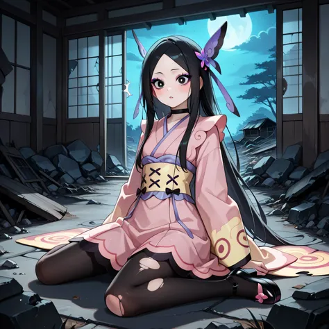masterpiece, best quality, amazing quality, in temple, rubble, on ground, busted windows, torn couch, broken furniture, night, night time, 1girl, solo, zzValerie, long hair, black hair, black eyes, parted bangs, eyeshadow, hair ornament, black pantyhose, c...