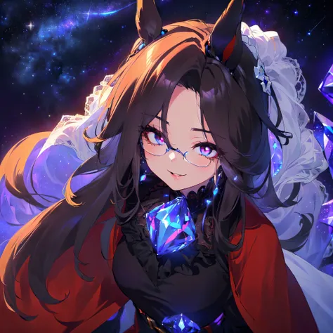 (Solo, Alone, Short, Girl, Horse Ears, Round Breast, Black Hair, Extra Long Hair, No Ears, Sitting, Arms Behind Head, Leaning Forward, Looking Up with Big Smile, Shiny Blue Ruffled See-Through Lace Long Sleeve Dress Skirt, Big Ribbon Tie, Big Tiara, Big Ca...