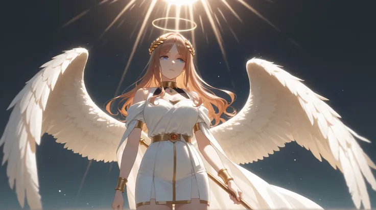 one girl,  is the side of the band :1.2, whole body ,nagasaki soyo, MyGO, long hair, flaxen hair ,big , golden laurel wreath, white robe, Sexy clothing, gold jewelry floating in the air, Holding a staff,  short skirt, angel wings, sun rays
