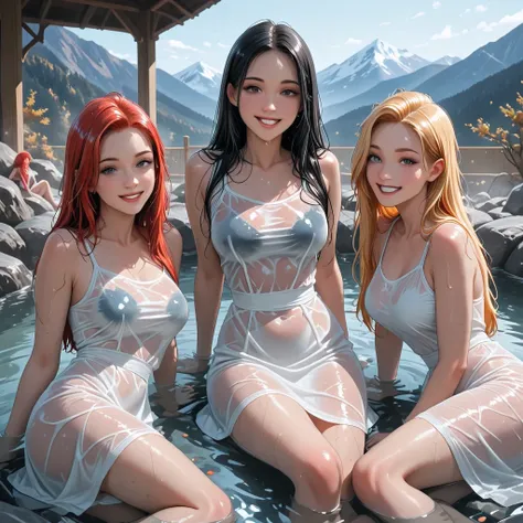 3women, one blond hair, one redhead, one black hair, all smiling, all in white dresses, lying submerged in an onsen, outside, mountains, (wet hair), (((wet see-through clothes))), vivid colors, very high detail,