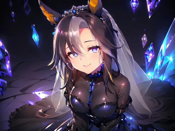(Solo, Alone, Short, Fat, Girl, Horse ears, Beautiful breasts, Shiny black hair, Very long hair, No ears, In heat, Wedding night in bed, Sitting sideways, Arms behind head, Leaning forward, Looking up with a big smile, Black see-through highlights, All bla...