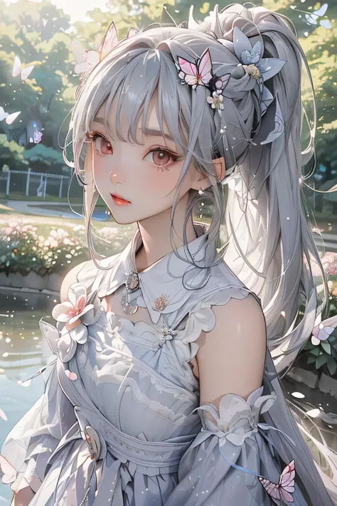 little 、 ((Detailed Face)).((detailed eyes)). cheveux gris longs 、 Red Eye、 PRINCESSE、 queue de cheval、 style anime 、)).((A walk in the park:1.25)).(( I will water the flowers :1.25)).(( She is loved by butterflies :1.25)).((Vêtemen...