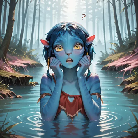 masterpiece, best quality, amazing quality, in swamp, blue trees, pink trees, bioluminescent, 1girl, solo, Na'vi, colored skin, striped blue skin, pointy ears, yellow eyes, red tribal outfit, looking at viewer, confused, disgusted, wincing, partially subme...