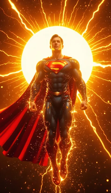 A hyper-realistic, ultra-detailed 8K cinematic close-up scene. Full-body view of Superman floating in deep space, positioned directly in front of the blazing sun. The camera is zoomed in to clearly show his entire body, glowing with a radiant golden aura t...