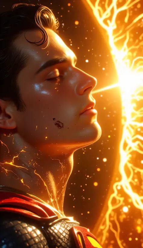 A hyper-realistic, ultra-detailed 8K cinematic close-up of Superman’s face in space, floating in front of the blinding sun. His expression is calm, powerful, and focused, with closed eyes as he absorbs solar energy. Golden light reflects across his strong ...