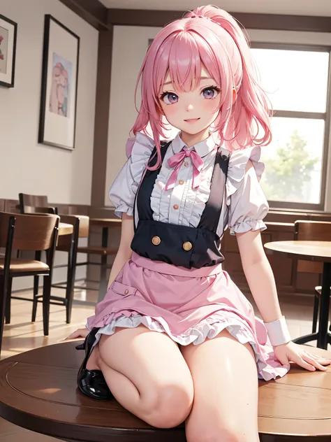 ( to emphasize the muscles), Fisheye Lens, Beautiful 2, Curvy, flat chest, Small breasts, underbust, ( Kneeling on a Round Table ), ( on the table :1.5), ( and spread your legs), (Pee in the cup :1.3), ( cup under her crotch), ( Classic Puffy Short Sleev...