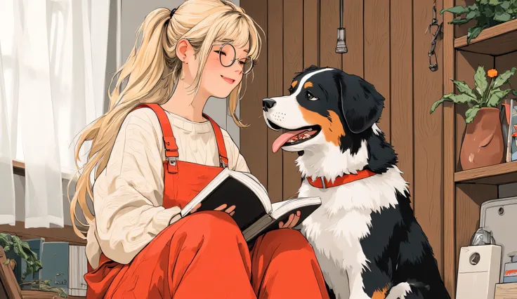 Anime-style illustration, mid-closeup of a cheerful 25-year-old woman with soft adult facial features, gentle blush, and a confident, mature posture. She has a blonde long ponytail with loose face-framing strands, and she's wearing round reading glasses, a...