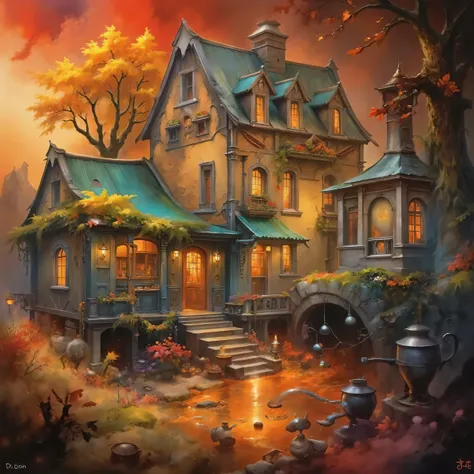 a painting of a house with a pond in front of it, detailed painting 4 k, beautiful art uhd 4 k, a multidimensional cozy tavern, 4k highly detailed digital art, fantasy tavern background, fantasy painting hd, 4k detailed digital art, 8k high quality detaile...