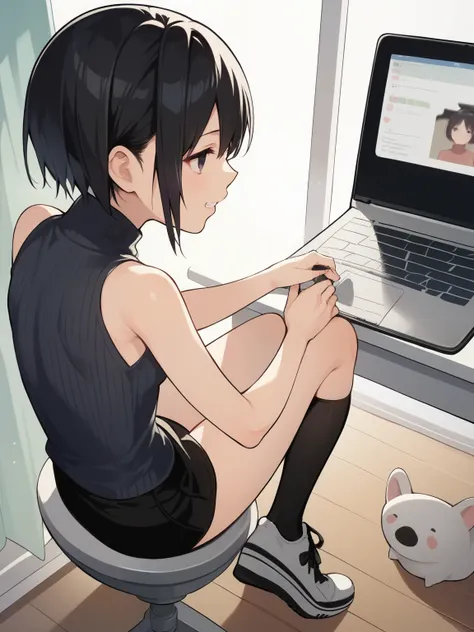 score_9, score_8_up, score_7_up, score_6_up, source_anime, nsfw，uncensored，one young girl clinging closely to the fence, solo, black hair, bob hair, princess_ cut, turtleneck , ribbed sweater, navy sweater, Black Tight Skirt, sleeveless, black stockings，sn...