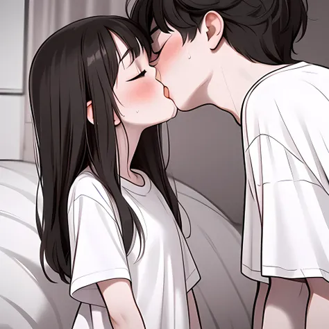 (((Line art))),(((monochrome:1.2))),(((kiss:1.7))),1boy,1girl ,couple,hetero,boy is shaved head,girl is age,(((black hair))),(long hair),straight hair ,bangs,(((closed eyes))),black eyes,(droopy eyes),chubby,(((short stature))),(((white oversized shirt:1.6...