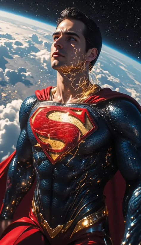 A hyper-realistic, ultra-detailed 8K cinematic scene. The camera is positioned closely behind Superman’s head and upper back, capturing a third-person over-the-shoulder view. He is floating in space just above the Earth's atmosphere — the planet’s surface ...