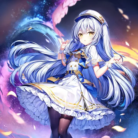 high quality, cartoon,best quality, masterpiece,Ultra High Resolution,(( masterpiece:1.4,best quality))+,(super detailed)+,unity 8k壁纸,super detailed,high quality, masterpiece,white shirt,white gold trim jacket,long hair,White hair,yellow eyes,Knee-length s...