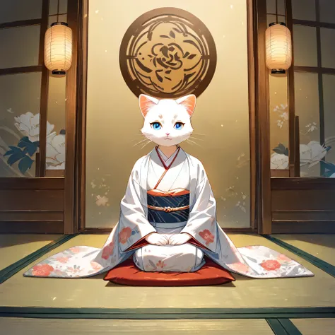 (masterpiece, best quality, ultra-detailed), a cute stylized anthropomorphic semi-human adult Ragdoll cat with a rounded face, bright blue eyes, soft white fur with light brown points, and symmetrical forward-facing ears is sitting in a formal seiza postur...