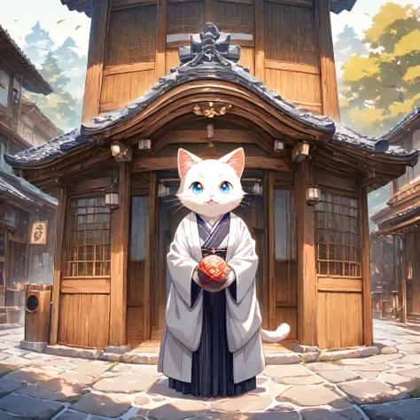 (masterpiece, best quality, ultra-detailed), a cute stylized anthropomorphic semi-human adult Ragdoll cat with a rounded face, bright blue eyes, soft white fur with light brown points, and symmetrical forward-facing ears is gracefully walking through an ol...