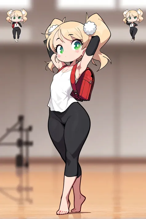 a full body girl, Ui Shigure (Chibi version ), Alone, pigtails, Cerquillo Rubio, underwear, Gloves, elbow Gloves, red Japanese school backpack, green eyes, blond hair, source_anime, ((masterpiece)), a full body girl, charming beauty , blush, pretty girl...