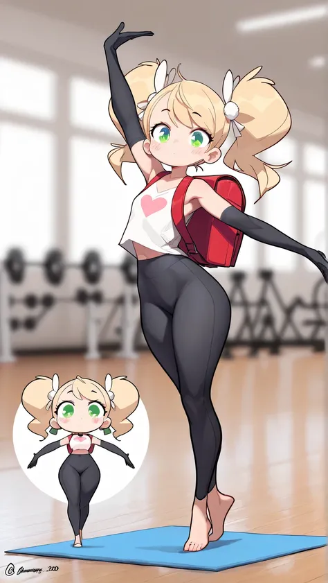 a full body girl, Ui Shigure (Chibi version ), Alone, pigtails, cerquillo, underwear, Gloves, elbow Gloves, red Japanese school backpack, green eyes, blond hair, source_anime, ((masterpiece)), a full body girl, charming beauty , blush, pretty girl Tsund...