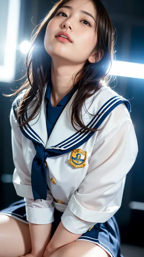 ((masterpiece)), (( Highest Quality)), ( details), (( very well detailed)), 4K, (8k),  Highest Quality, ( beautiful),  in the classroom ,   cute woman,  1 woman 、 beautiful mature woman, alone, ( sailor suit 、 pleated mini skirt 、 knee-length socks),  beau...